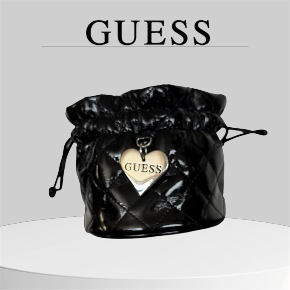 GUESS Black Quilted Patent Leather Mini Drawstring Bag with Heart Charm